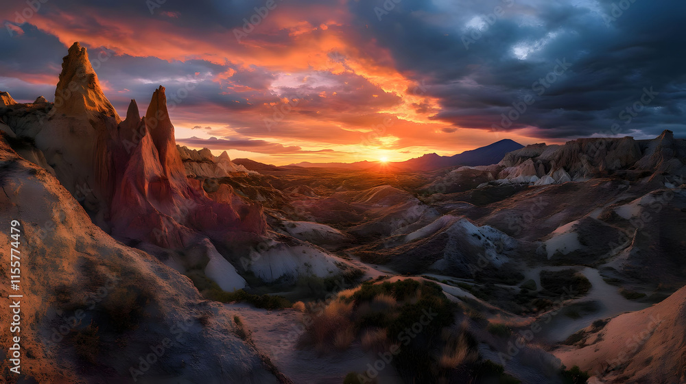 Fototapeta premium Fiery Sunset over Rose Valley's Majestic Rock Formations