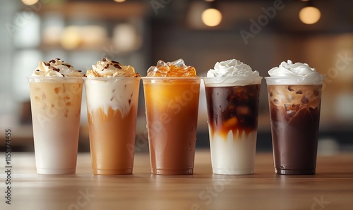 Wallpaper Mural Five colorful iced beverages with whipped cream on a wooden table. Torontodigital.ca