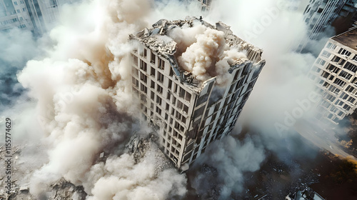 Demolition of a High-Rise Building: A Dramatic Aerial View photo