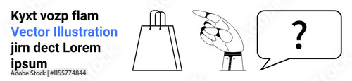 Robotic hand pointing at a shopping bag with a speech bubble showing a question mark. Ideal for online shopping, robotics, AI interaction, technology, customer inquiries, e-commerce, innovation