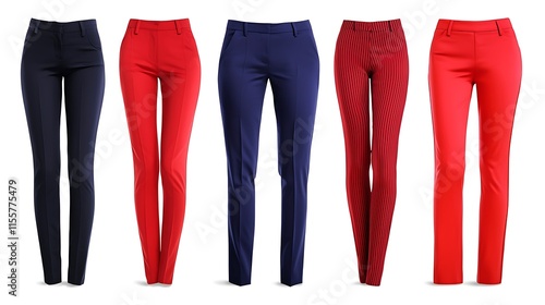 A collection of stylish pants in various colors for fashion display. photo