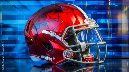 A shiny red football helmet with a modern design against a blue digital background. photo