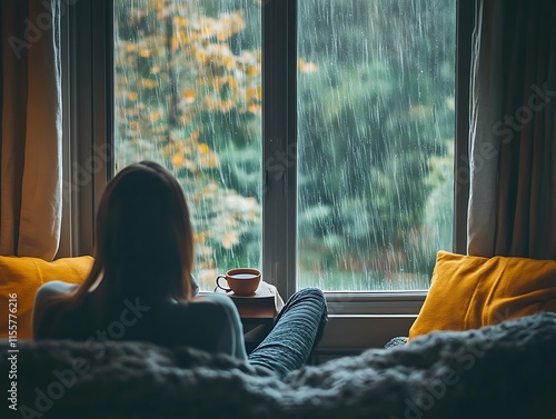 A person enjoying a cup of tea while sitting by a window, watching the rain outside in a peaceful living room.
