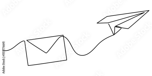 One continuous line drawing of flying Paper plane and mail. Concept of business metaphor and creative idea. Vector illustration, The idea is to create a continuous line drawing depicting a flying.