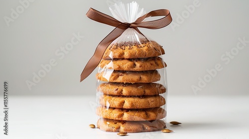 Delectable cookies with pumpkin and seeds placed vertically on a clear cellophane bag tied with a brown ribbon at the very top against a simple white backdrop, Generative AI.