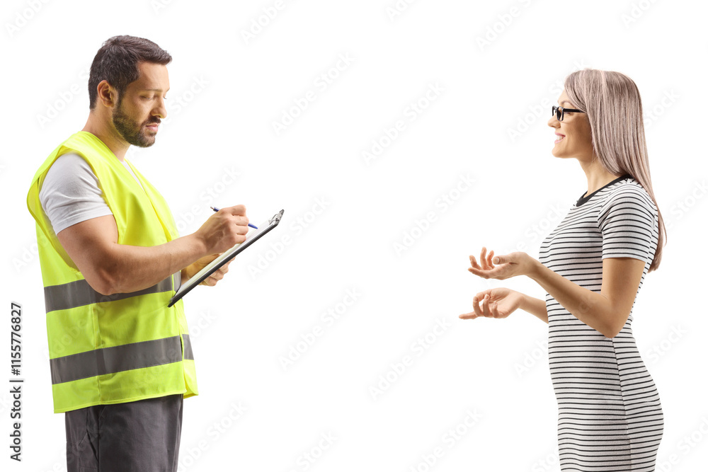 Young woman talking to a road assistance agent