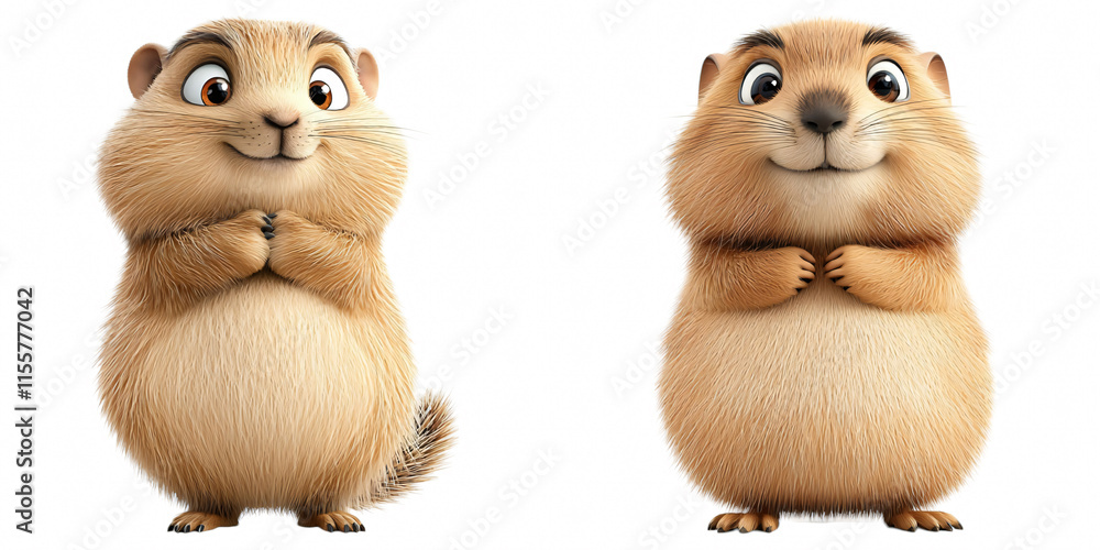 Fototapeta premium A curious groundhog, expressive 3D art, exuding charm with their round bodies and cheerful expressions.