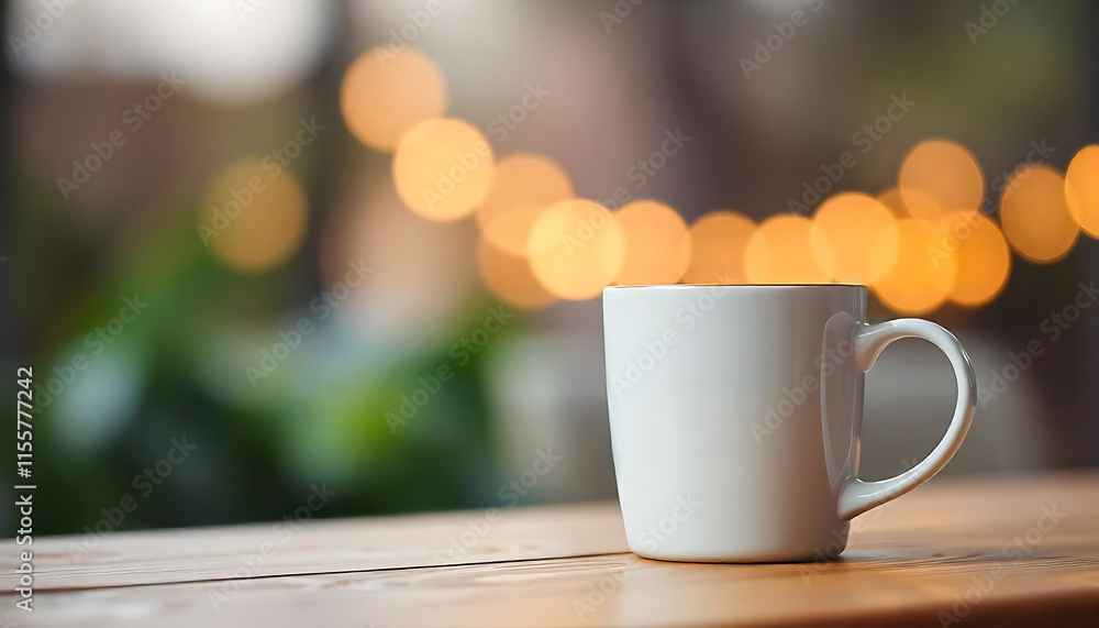 White Ceramic Mug on Wooden Surface Warm Bokeh Background White Ceramic Mug on Wooden Surface Warm Bokeh Background