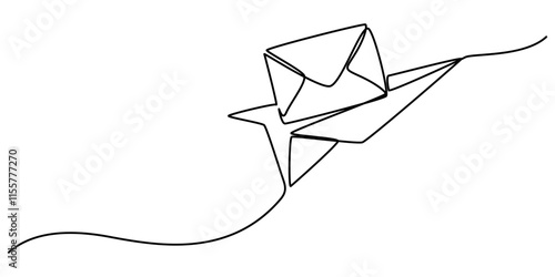 One continuous line drawing of flying Paper plane and mail. Concept of business metaphor and creative idea. Vector illustration, The idea is to create a continuous line drawing depicting a flying.