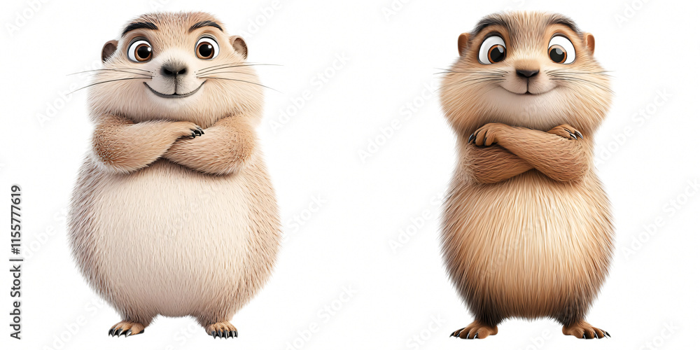 Fototapeta premium A playful groundhog with arms crossed, in a cartoon style, exuding fun and charm.