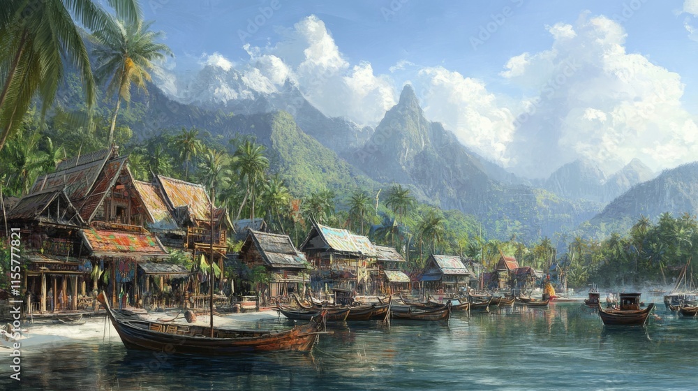 Obraz premium Tranquil Village with Boats in a Tropical Bay