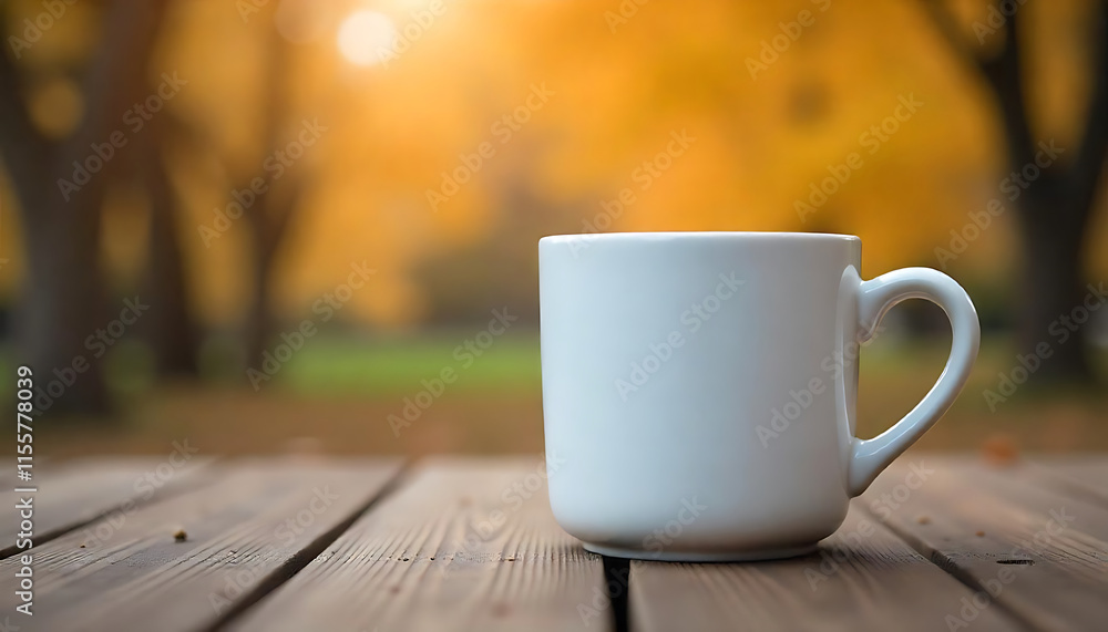 White Ceramic Mug on Wooden Surface Warm Bokeh Background White Ceramic Mug on Wooden Surface Warm Bokeh Background