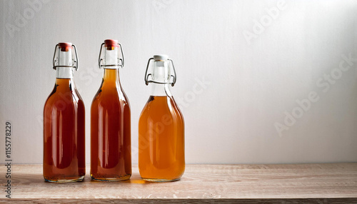 Kombucha, fermented beverage in glass bottles on wooden table. Heathy probiotic drink. photo