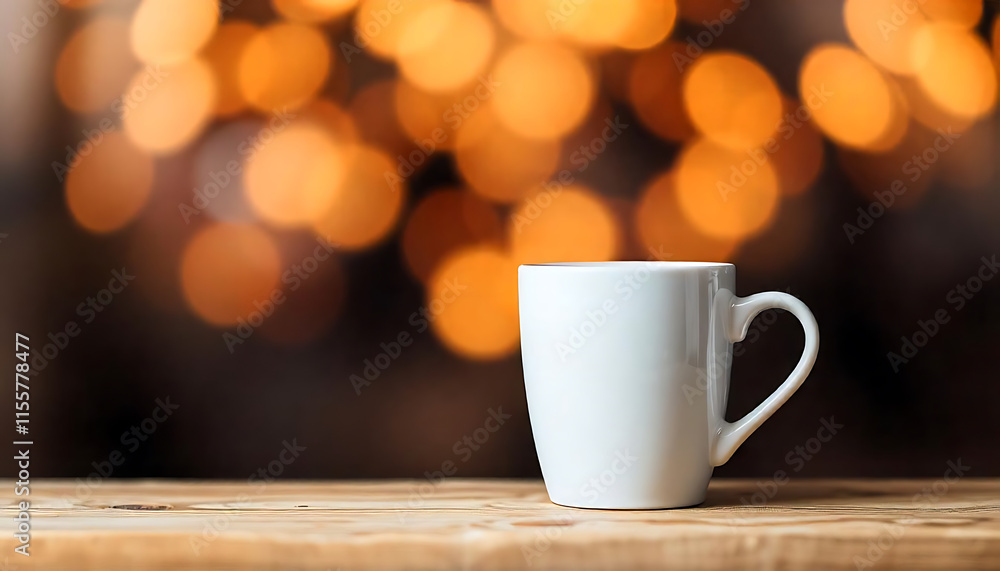 White Ceramic Mug on Wooden Surface Warm Bokeh Background