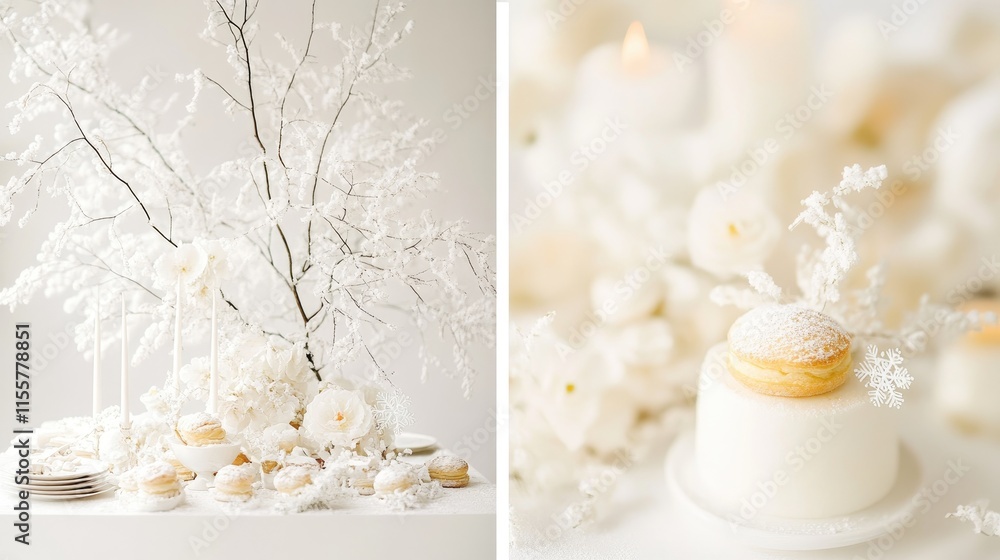 A serene winter-themed dessert display with white flowers and elegant treats. A serene winter-themed dessert display with white flowers and elegant treats.