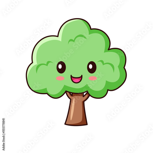 Cute Tree Cartoon Kawaii Sticker. Character Vector Illustration