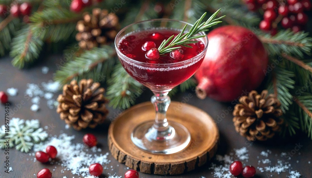 Elegant Pomegranate Martini with Winter Decor Elegant Pomegranate Martini with Winter Decor