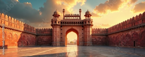 Majestic Lahore Fort entrance, sunlight gleaming, destination, history