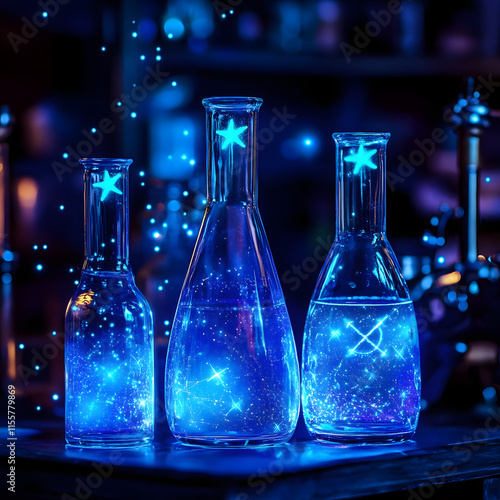 Enchanting glowing bottles filled with sparkling blue liquid and star motifs, evoking magical chemistry, fantasy alchemy, and a mystical night laboratory atmosphere photo