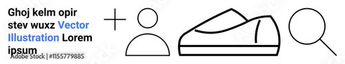 Person icon, shoe outline, and magnifying glass icon next to sample text. Ideal for business, search, e-commerce, shopping, minimalist design, web development, digital marketing. Landing page