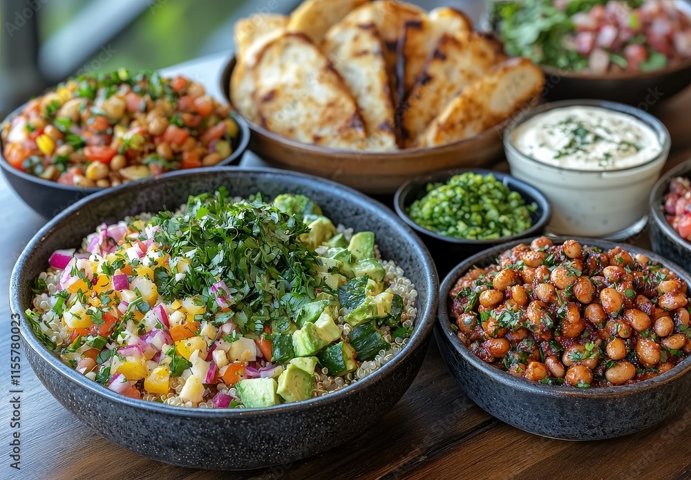 Delicious and healthy quinoa bowl with assorted toppings, served with various side dishes including spiced beans, dips, and grilled bread. Perfect for a healthy lunch or dinner. Delicious and healthy quinoa bowl with assorted toppings, served with various side dishes including spiced beans, dips, and grilled bread. Perfect for a healthy lunch or dinner.