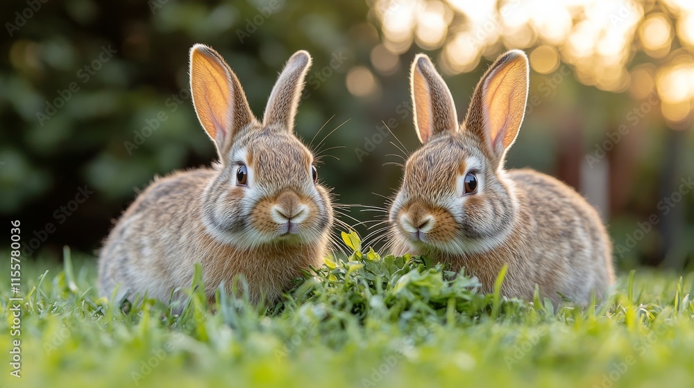 Two rabbits enjoy fresh grass at sunset in a serene garden setting Two rabbits enjoy fresh grass at sunset in a serene garden setting