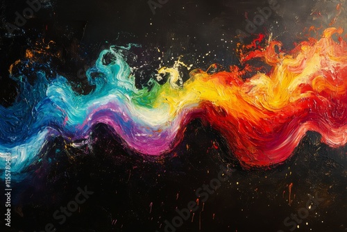 Abstract painting with vibrant colors and dynamic wave patterns on a dark bac...