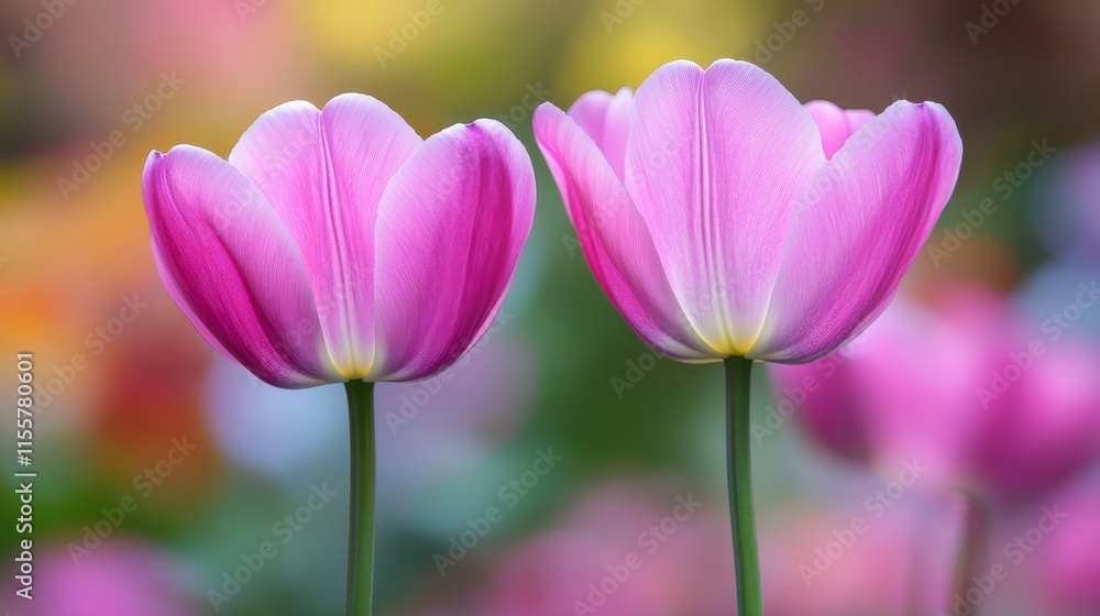 Two pink tulips stand elegantly against a blurred floral background. Two pink tulips stand elegantly against a blurred floral background.