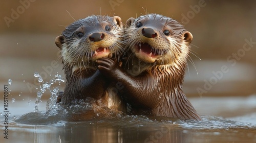 Playful otters interacting in a calm water environment during a sunny day