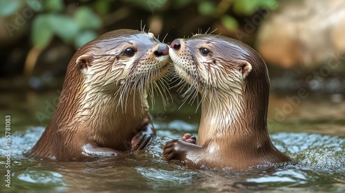 Playful otters interacting in a calm water environment during a sunny day