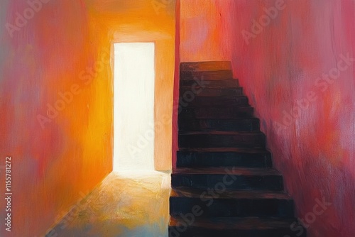 Mysterious stairway leading to a bright doorway in a dimly lit corridor