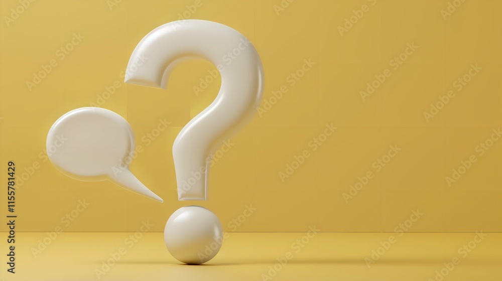 An illustration piece featuring a large copy area and a white 3D question and answer sign or problem icon with white talk bubbles in backdrop is a pale yellow, Generative AI. An illustration piece featuring a large copy area and a white 3D question and answer sign or problem icon with white talk bubbles in backdrop is a pale yellow, Generative AI.
