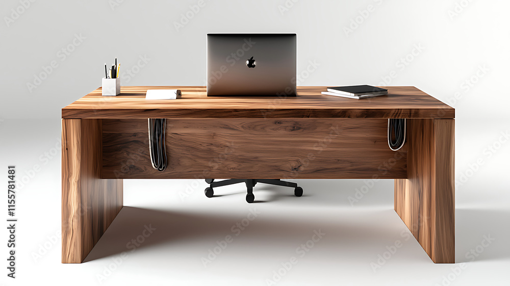 A wooden desk with a laptop and a chair A wooden desk with a laptop and a chair