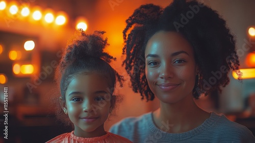 Smiling girl with curly hair standing in cozy setting with warm lights during...