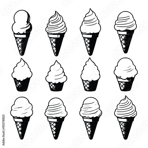 Set of cone ice cream vector icon silhouette illustration