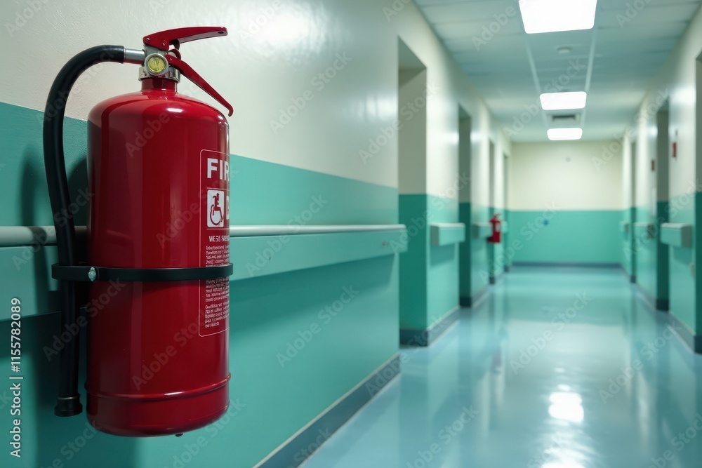 Fototapeta premium Red fire extinguisher, hospital corridor wall, medical facility, metal