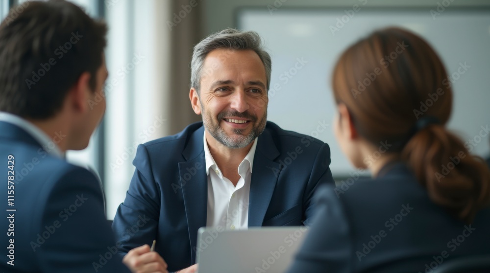 Professional Business Meeting with Smiling Leader. Successful Collaboration in a Modern Office. Corporate Team Meeting with a Professional Leader. Professional Business Meeting with Smiling Leader. Successful Collaboration in a Modern Office. Corporate Team Meeting with a Professional Leader.