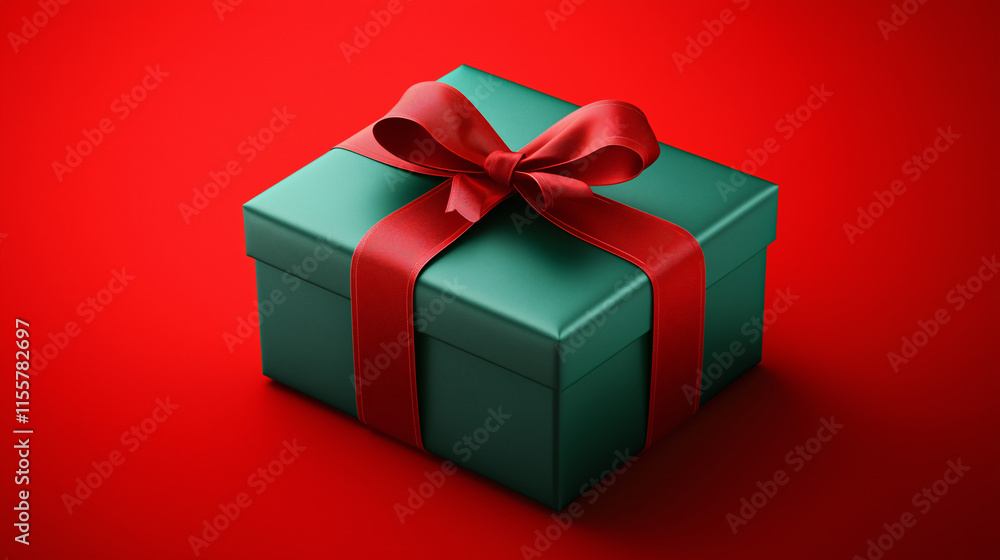 Obraz premium A green Christmas gift box scene featuring beautifully wrapped red and green presents adorned with elegant ribbons. The gifts are surrounded by sparkling Christmas ornaments, set against a vibrant