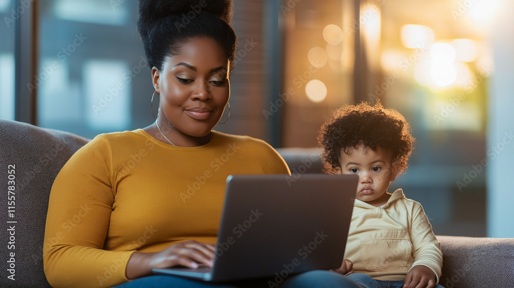 A mom working on a laptop at home while her kid sits with her. A mom working on a laptop at home while her kid sits with her.