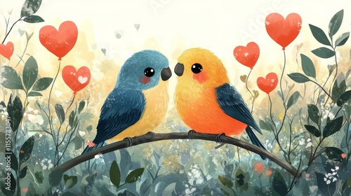 Colorful lovebirds perched on a branch among blooming flowers and heart decor...