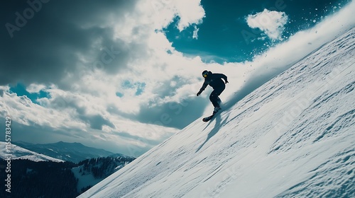 A photo of a person snowboarding down a snowy mountain, showcasing the thrill of winter sports.