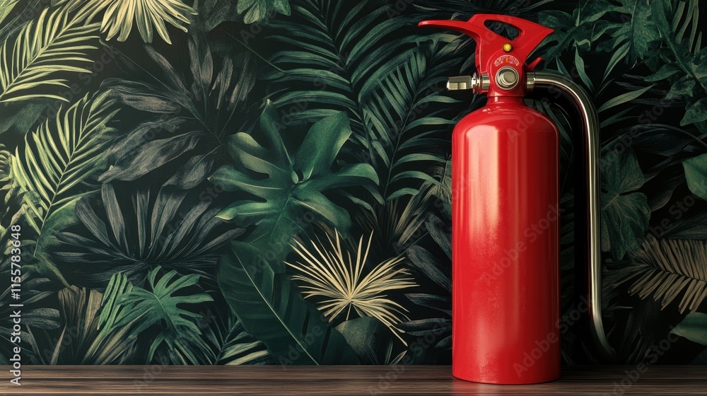 Obraz premium Bright Red Fire Extinguisher on Tropical Leaf Background Display