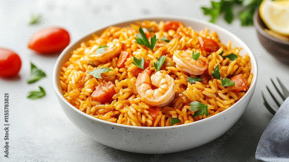 Delicious shrimp risotto in a bowl, garnished with parsley and tomatoes. Delicious shrimp risotto in a bowl, garnished with parsley and tomatoes.
