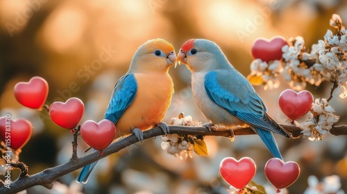 Colorful lovebirds perched on a branch among blooming flowers and heart decor...