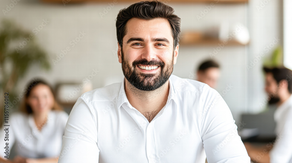 Obraz premium Professional smiling man in modern office setting business environment portrait photography