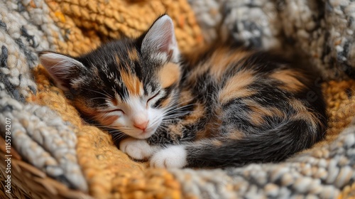Playful kitten curled up in cozy knitted blanket, resting comfortably with a ...