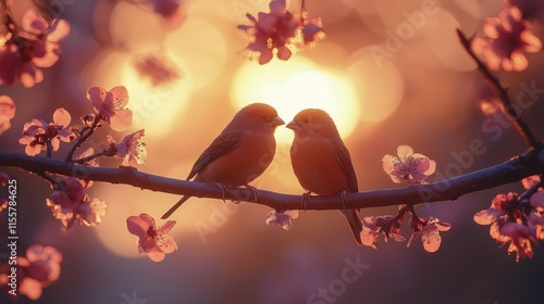 Sunset silhouette of two birds perched on a branch surrounded by blooming flo...
