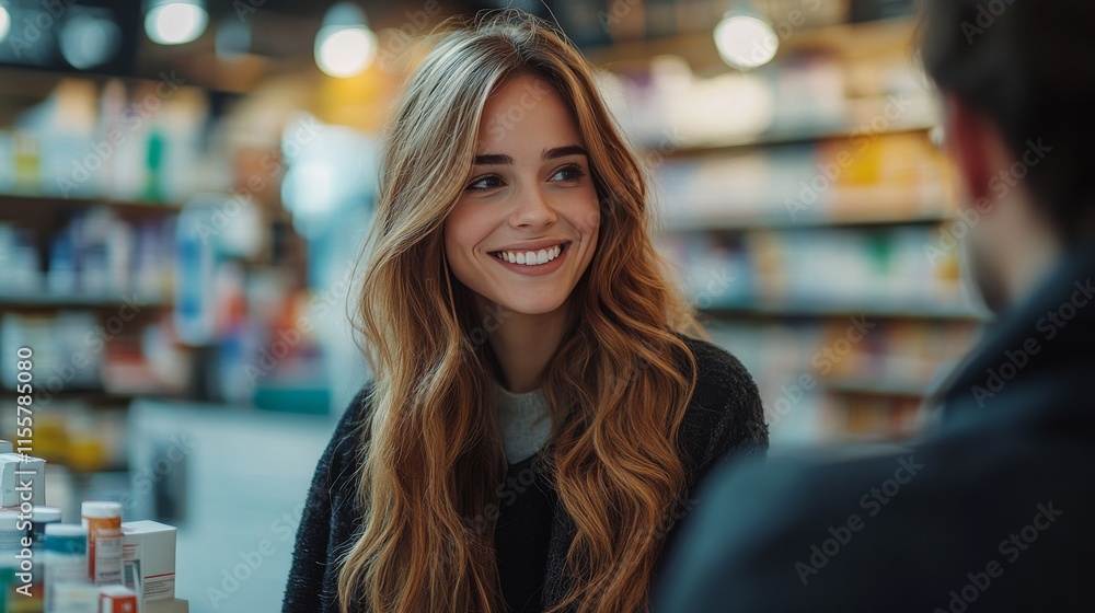 Smiling woman with curly hair in a shop during daylight Smiling woman with curly hair in a shop during daylight