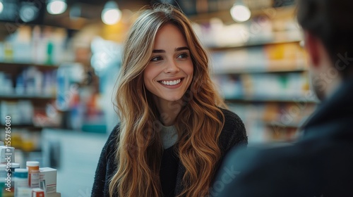 Smiling woman with curly hair in a shop during daylight