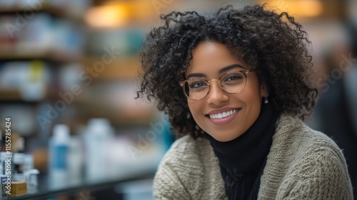 Smiling woman with curly hair in a shop during daylight